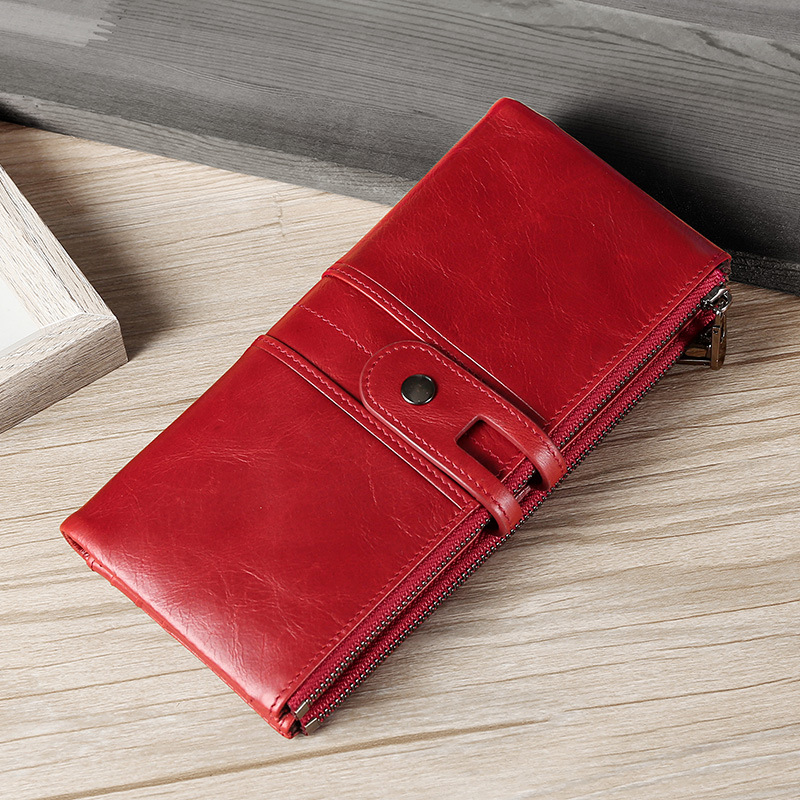 Red cowhide leather wallet for women, RFID blocking