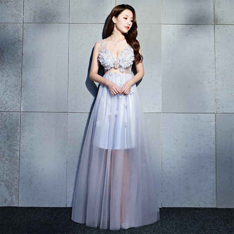 Long Beautiful Real Silk Dress Backless Transparent 3D Flora A-line