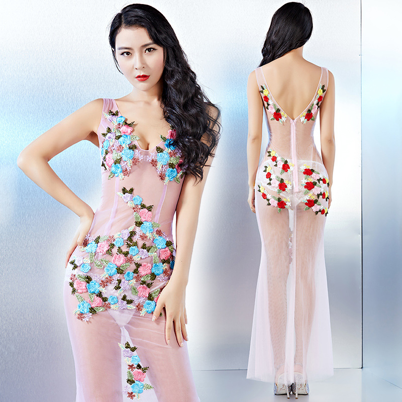 Transparent Sexy Long Floral Lace Real Silk Dress, Bodycon Sleeveless