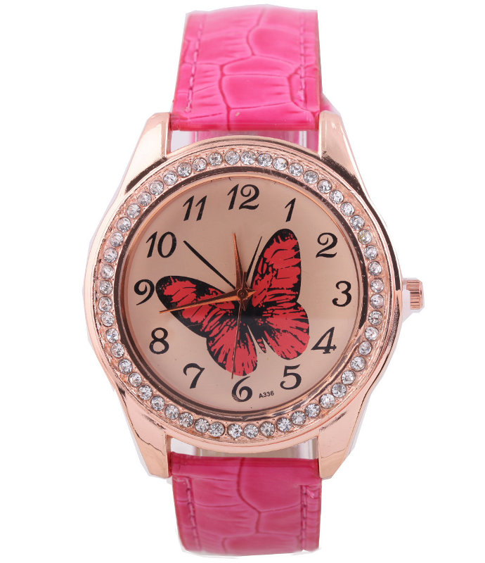 Leather Strap Butterfly Rhinestone Lady's Watch