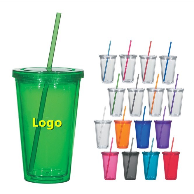 16 Oz. Double Wall Acrylic Tumbler With Straw