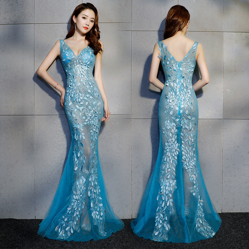 Long Mermaid Real Silk Prom Evening Dress Vine Leaves Sexy See Through