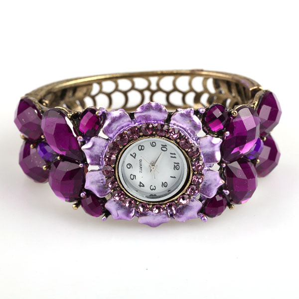 Stylish Flower Rhinestone Bangle Watch For Ladies