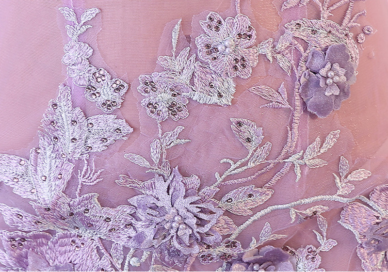 Light Violet Sexy Long Dress Real Silk Floral Embroidery See Through