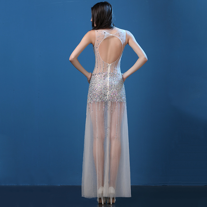 Sexy Maxi A-Line Real Silk Lady Evening Dress Shiny Stones