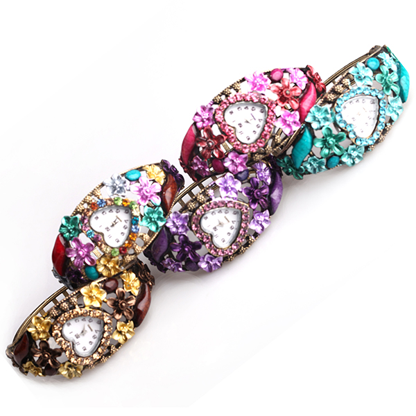 Stylish Flower Rhinestone Bangle Heart Watch For Ladies