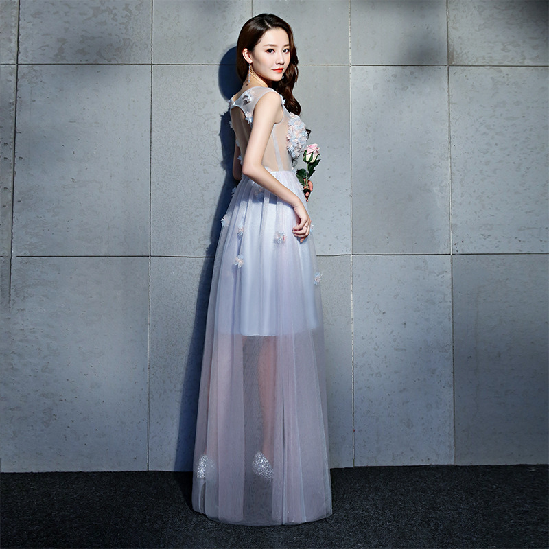 Long Beautiful Real Silk Dress Backless Transparent 3D Flora A-line