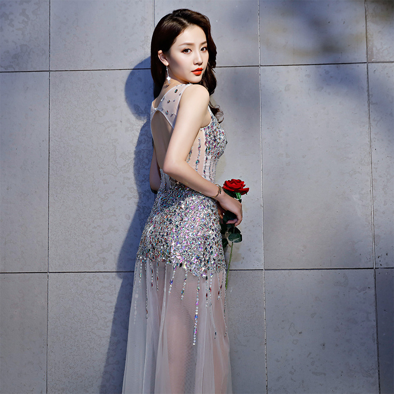 Sexy Transparent A-Line Silk Actress Dress Long Maxi Shiny Stones