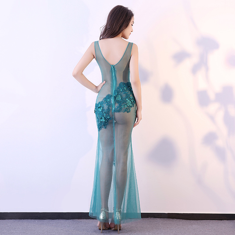 Sexy See Through Long Model Dress Real Silk Floral Embroidered Lace