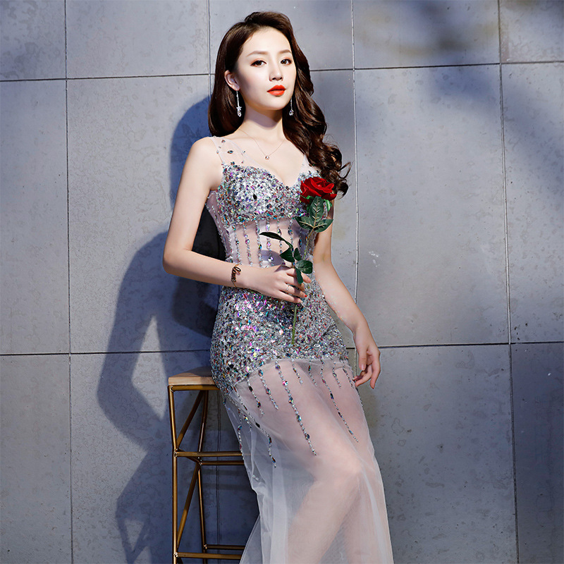 Sexy Transparent A-Line Silk Actress Dress Long Maxi Shiny Stones