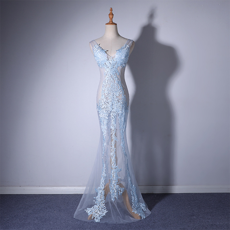 Light Blue Sexy Translucent Silk Lace Dress, Maxi, Sleeveless, Deep V-Neck