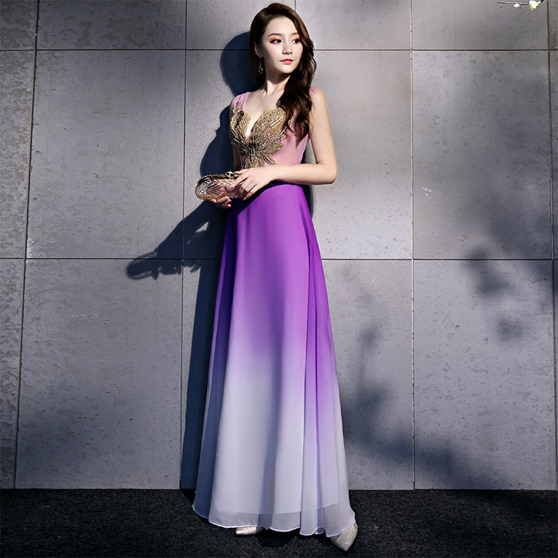 Violet Maxi Transparent Real Silk Dress, Butterfly Deep V-Neck Sleeveless, Floor Length