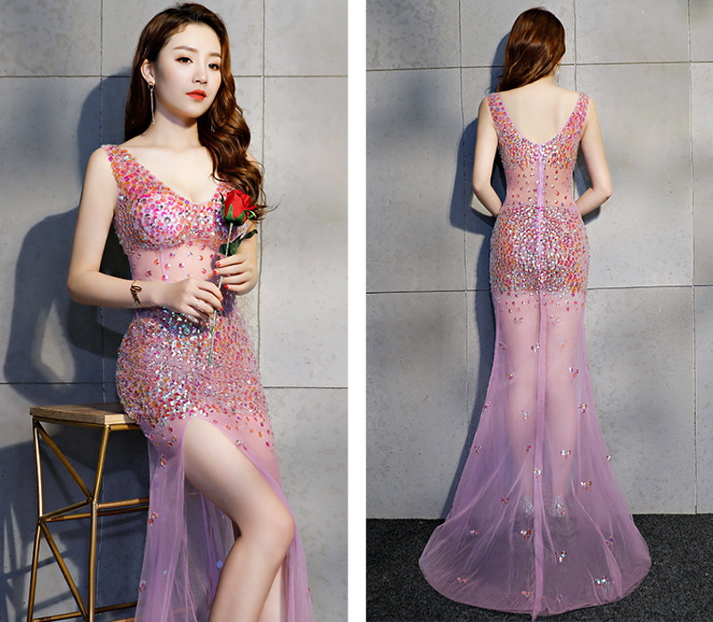 Long A-line Split Real Silk Prom Evening Dress Sequin Stone Sexy See Thr