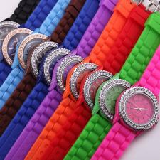 Silicone band quartz watch with rhinestones wholesale, custom printed logo