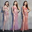 Long A-line Split Real Silk Prom Evening Dress Sequin Stone Sexy See Thr